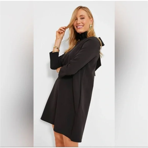 Tuckernuck Daphne Black Dress Bow Back Ruffle Neck XS